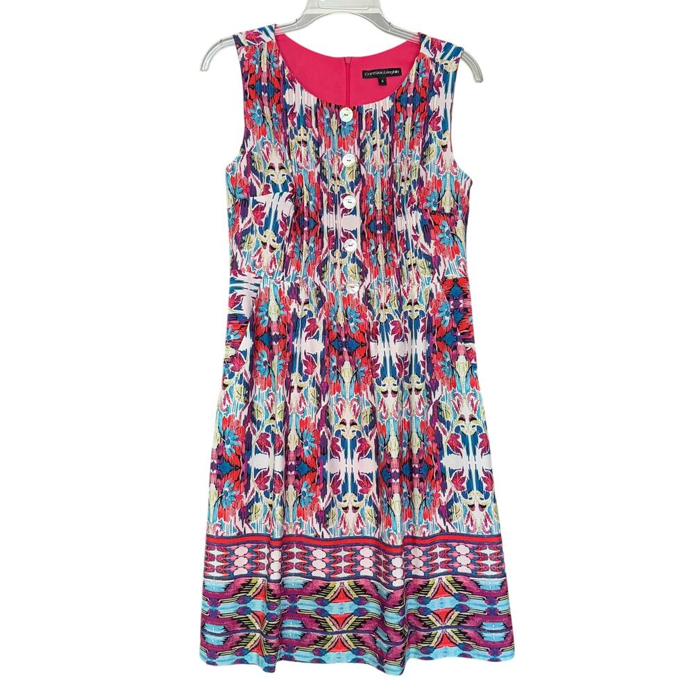 Chris McLaughlin Ikat Print Pleated Shift Dress Pearl Buttons Size 4 Lined